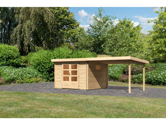Karibu Gartenhaus Trittau 3 natur mit Anbaudach 3,3 m