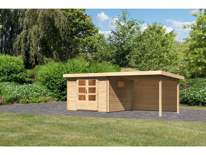 Karibu Gartenhaus Trittau 3 natur mit Anbaudach 3,3 m inkl. Rückwand