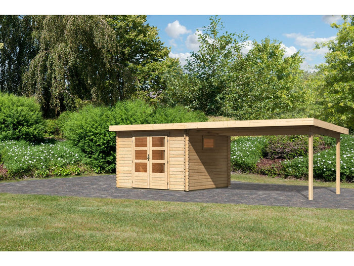Karibu Gartenhaus Trittau 3 natur mit Anbaudach 4,4 m