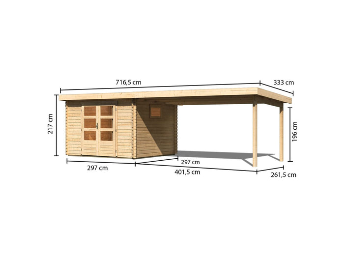 Karibu Gartenhaus Trittau 3 natur mit Anbaudach 4,4 m