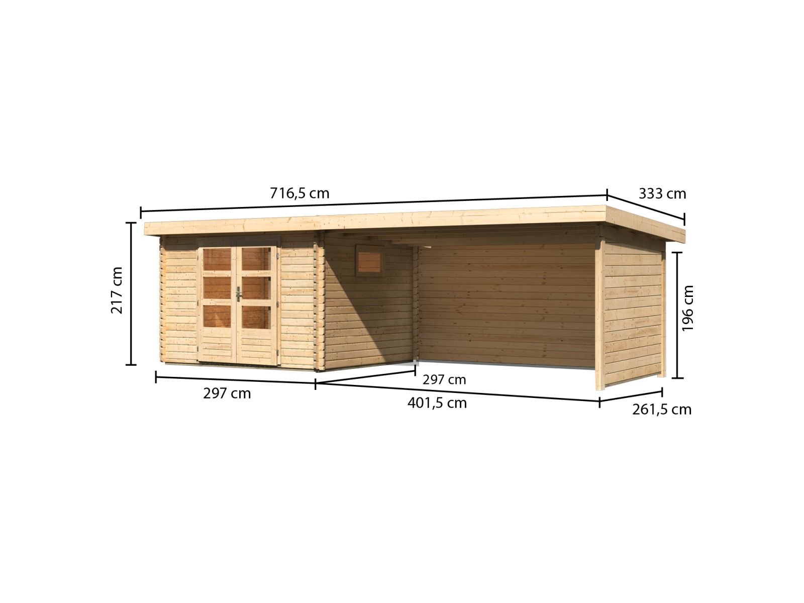 Karibu Gartenhaus Trittau 3 natur mit Anbaudach 4,4 m inkl. Rück- und Seitenwand