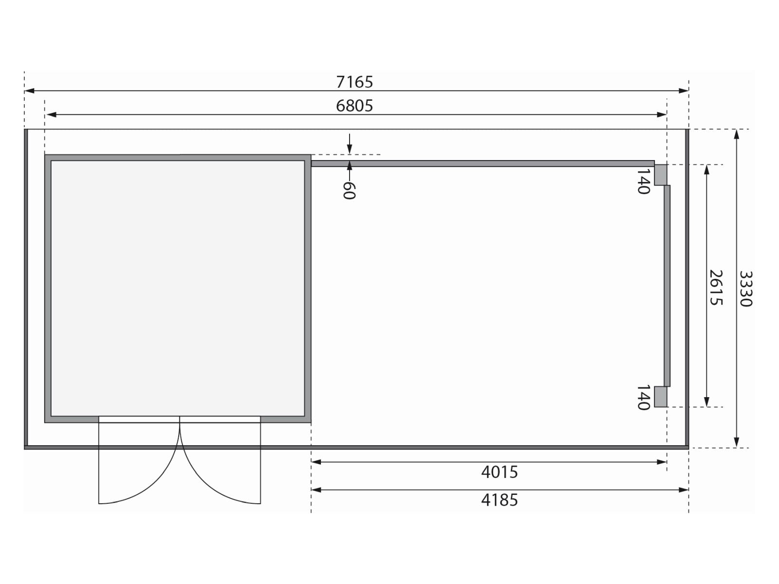 Karibu Gartenhaus Trittau 3 natur mit Anbaudach 4,4 m inkl. Rück- und Seitenwand