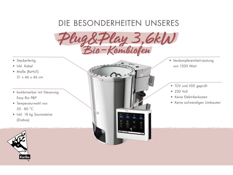 Karibu Bio-Saunaofen Plug & Play 3,6 kW externe Steuerung steckerfertig