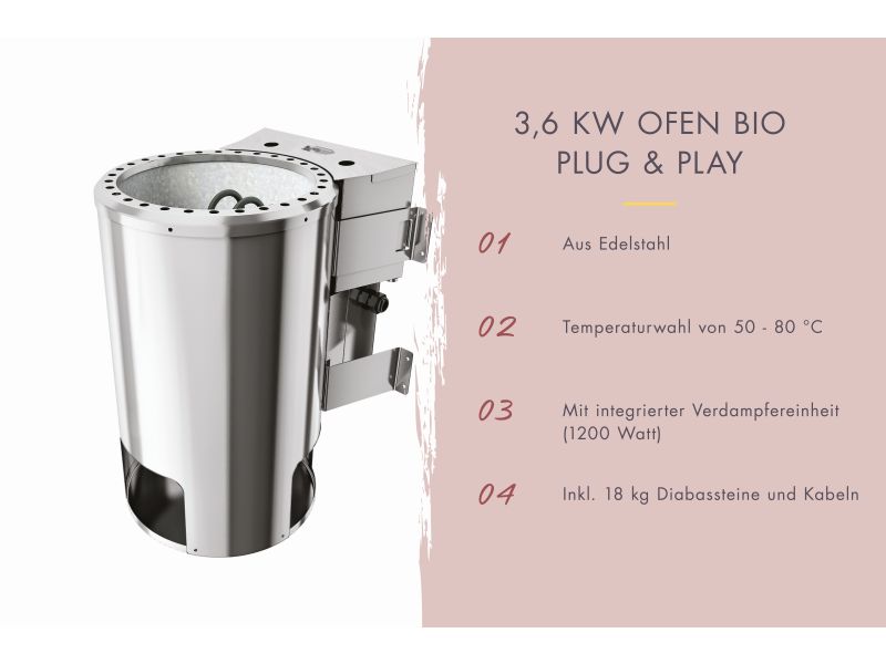 Karibu Bio-Saunaofen Plug & Play 3,6 kW externe Steuerung steckerfertig