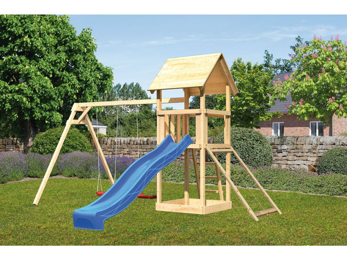 Karibu Spielturm Lotti mit Doppelschaukel, Netzrampe und Rutsche blau