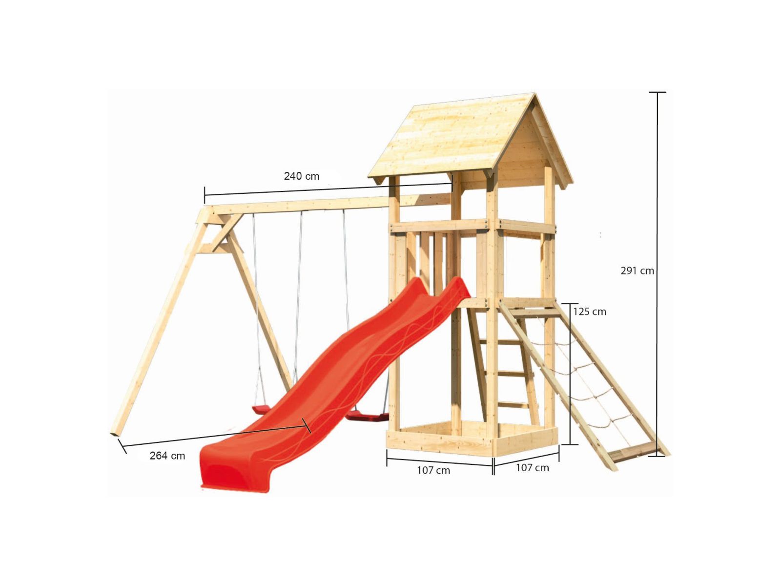 Karibu Spielturm Lotti mit Doppelschaukel, Netzrampe und Rutsche rot