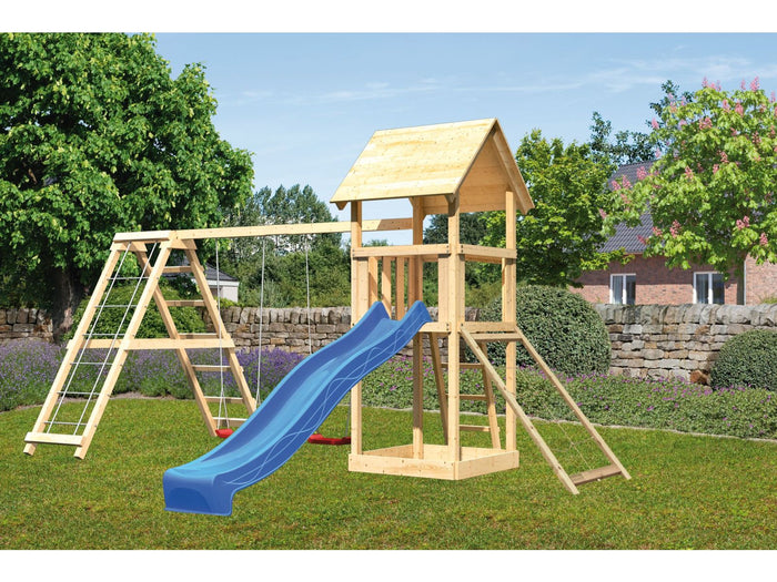 Karibu Spielturm Lotti- Doppelschaukel mit Klettergerüst, Netzrampe und Rutsche in blau