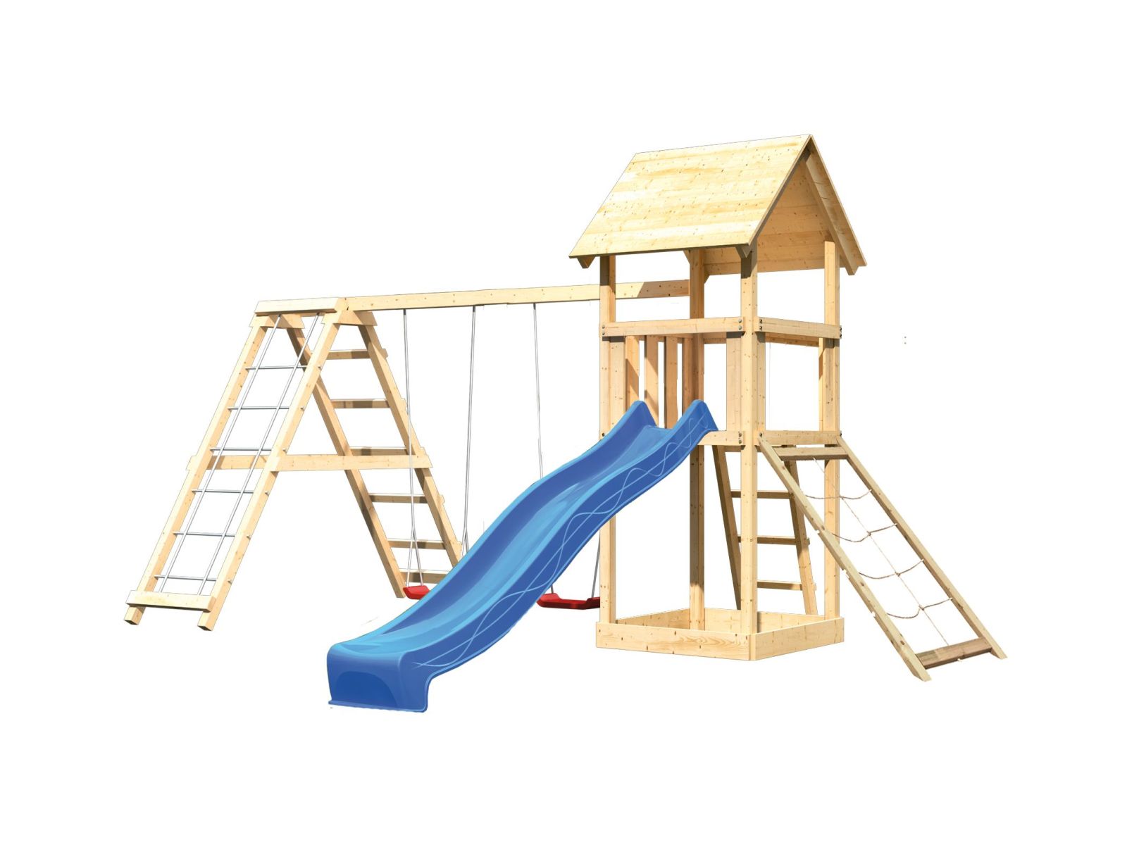 Karibu Spielturm Lotti- Doppelschaukel mit Klettergerüst, Netzrampe und Rutsche in blau