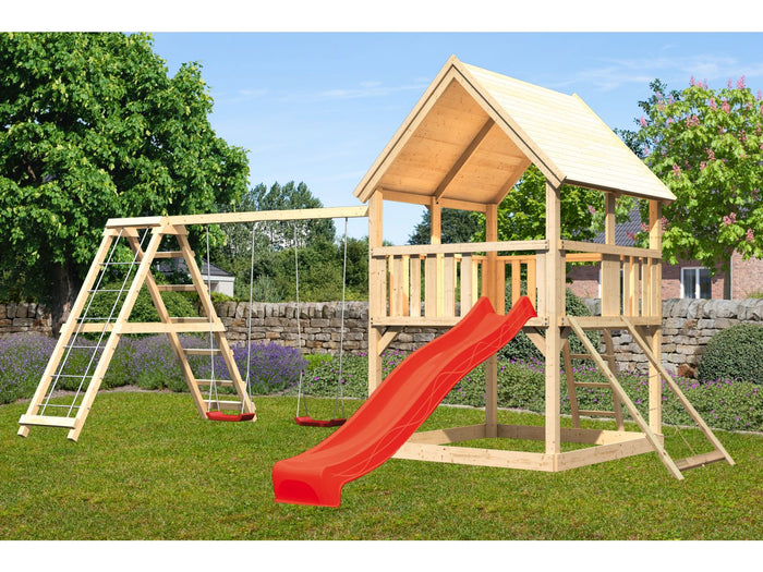 Karibu Spielturm Luis Satteldach + Rutsche rot + Doppelschaukelanbau Klettergerüst + Netzrampe