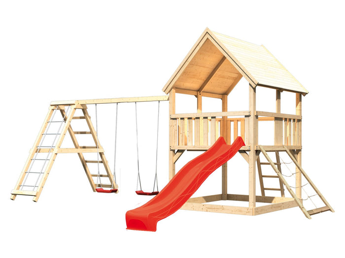 Karibu Spielturm Luis Satteldach + Rutsche rot + Doppelschaukelanbau Klettergerüst + Netzrampe
