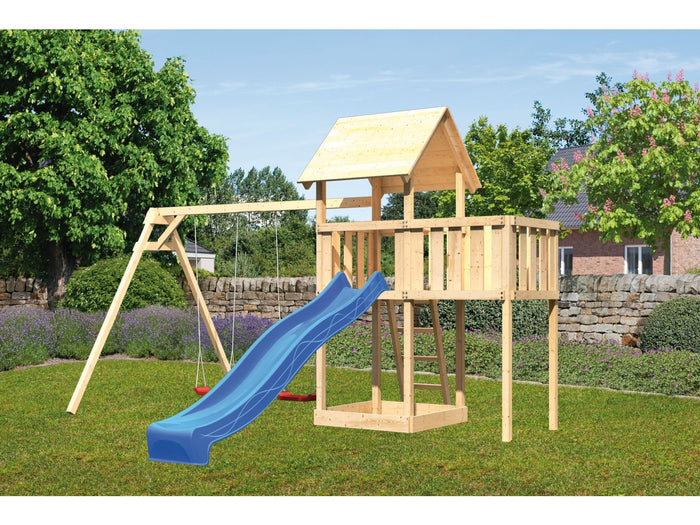 Karibu Spielturm Lotti natur- Anbauplattform- Doppelschaukel- Rutsche blau