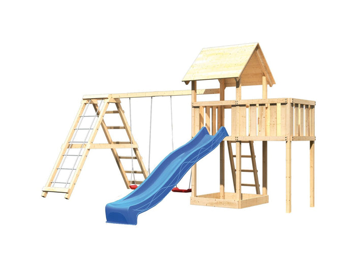 Karibu Spielturm Lotti natur- Anbauplattform- Doppelschaukel inkl. Klettergerüst- Rutsche blau