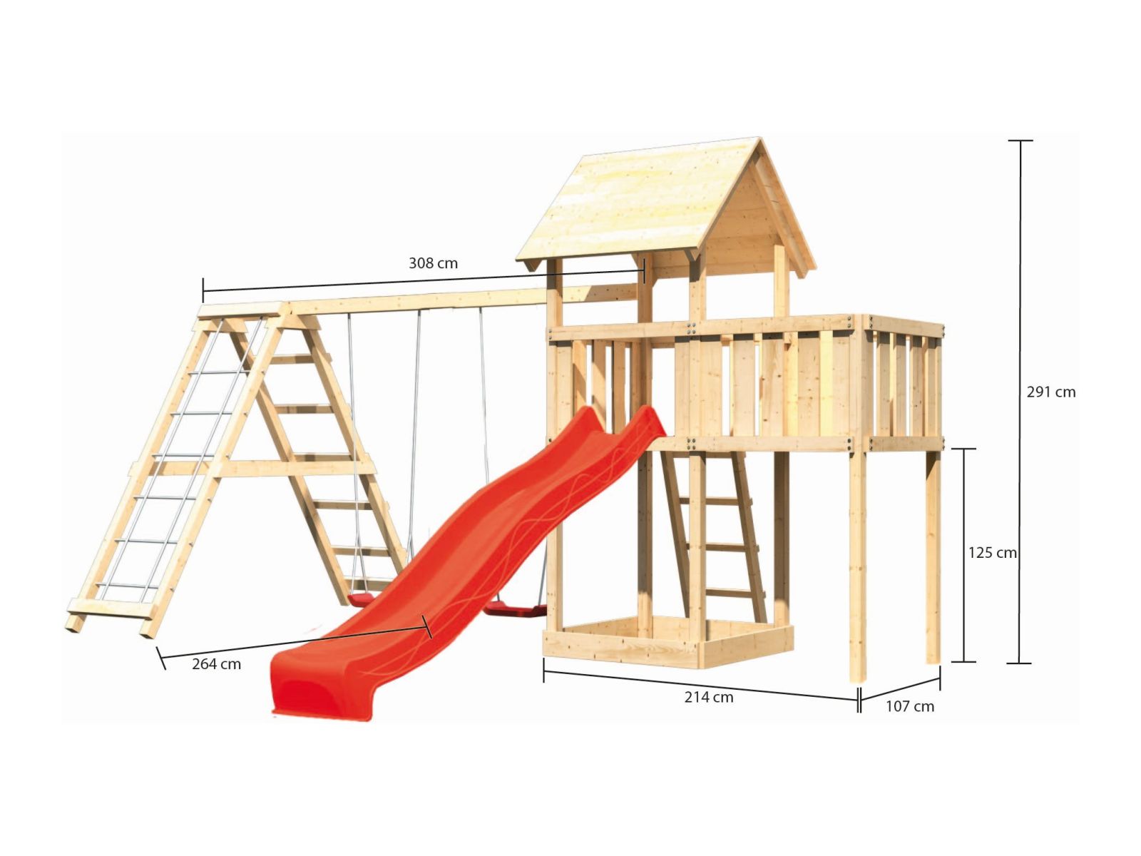 Karibu Spielturm Lotti natur- Anbauplattform- Doppelschaukel inkl. Klettergerüst- Rutsche rot