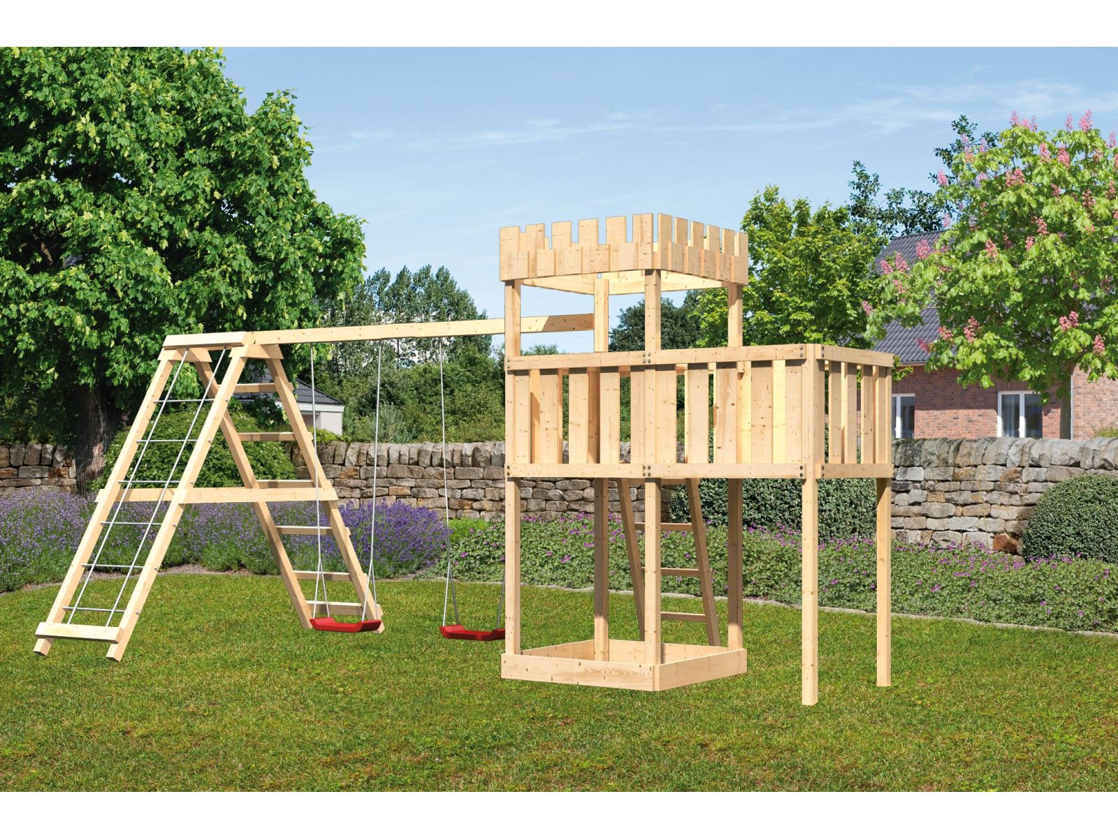 Karibu Ritterburg Löwenherz + Doppelschaukelanbau Klettergerüst + Anbauplattform