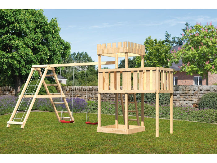 Karibu Ritterburg Löwenherz + Doppelschaukelanbau Klettergerüst + Anbauplattform