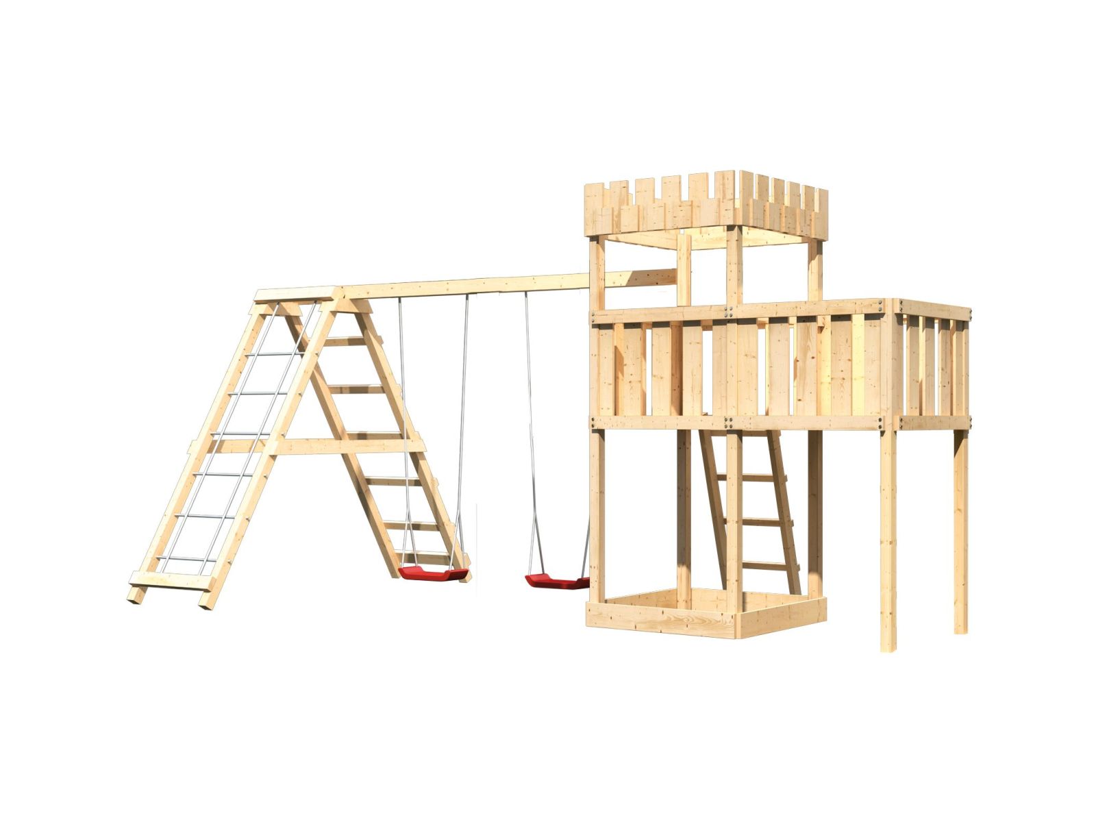 Karibu Ritterburg Löwenherz + Doppelschaukelanbau Klettergerüst + Anbauplattform