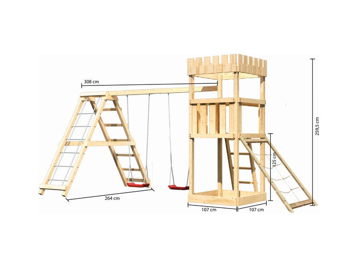 Karibu Ritterburg Löwenherz + Doppelschaukelanbau Klettergerüst + Netzrampe