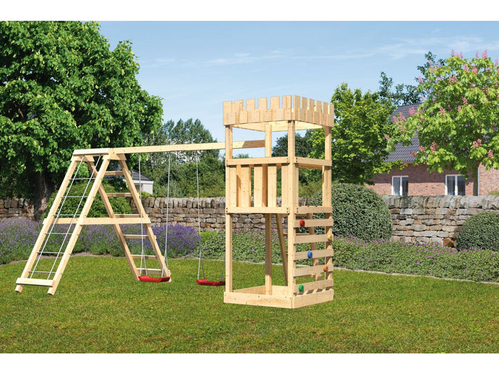 Karibu Ritterburg Löwenherz + Doppelschaukelanbau Klettergerüst + Kletterwand