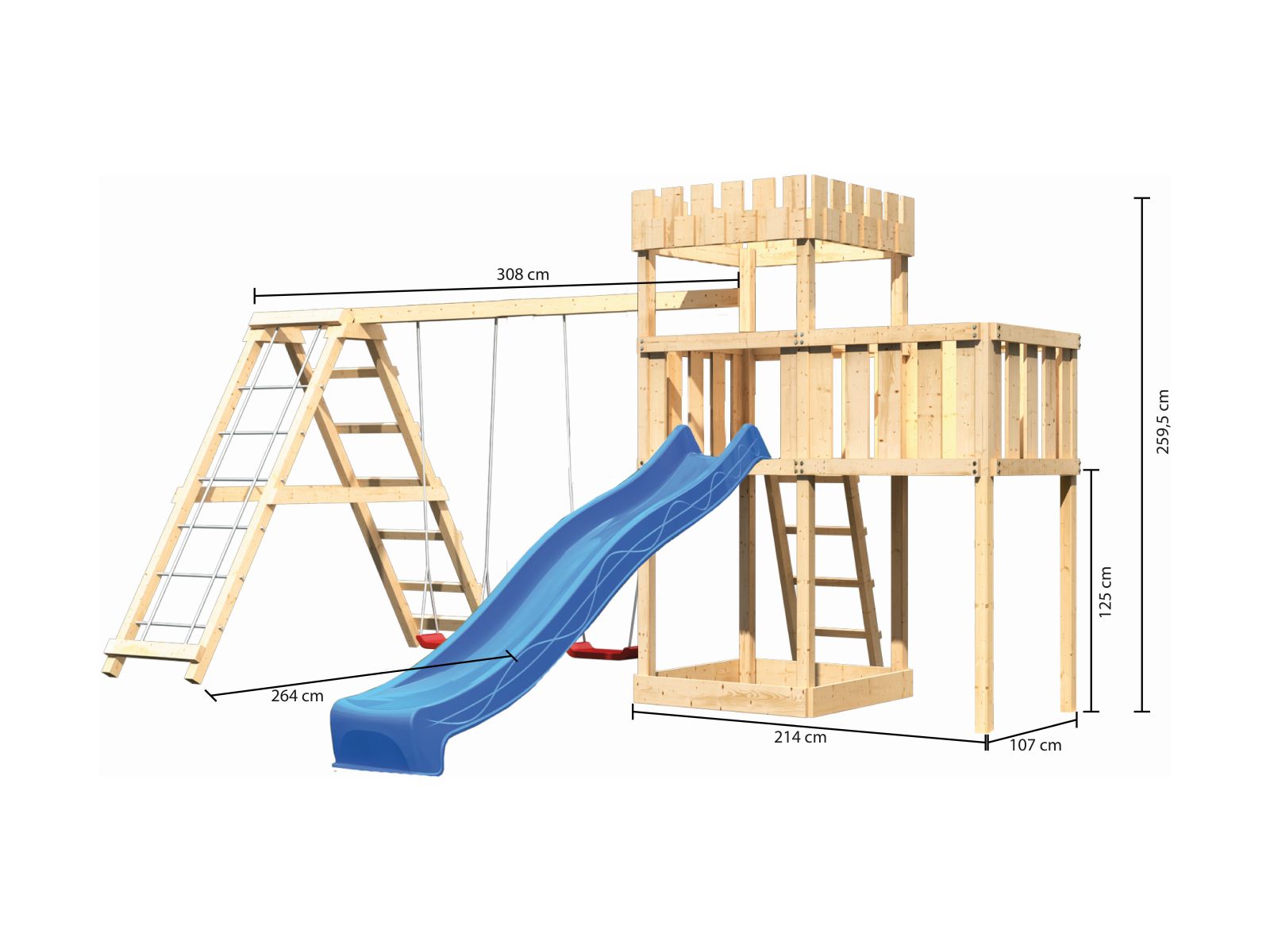 Karibu Ritterburg Löwenherz + Rutsche + Doppelschaukelanbau Klettergerüst + Anbauplattform