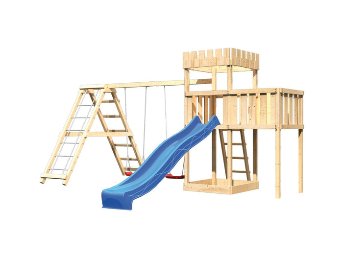 Karibu Ritterburg Löwenherz + Rutsche + Doppelschaukelanbau Klettergerüst + Anbauplattform