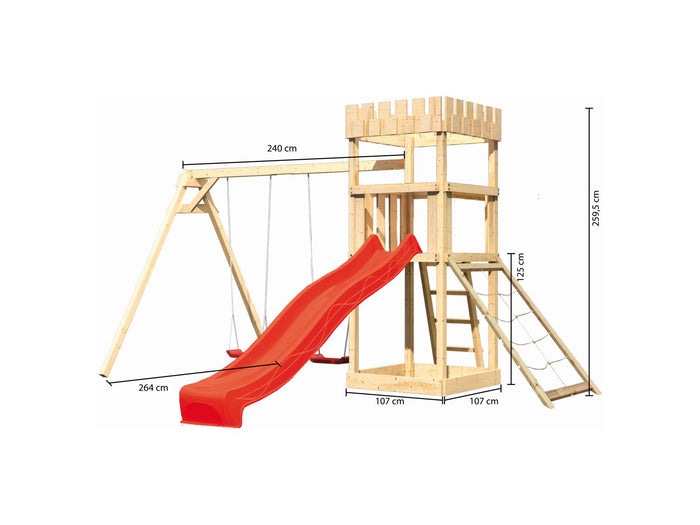 Karibu Ritterburg Löwenherz + Rutsche + Doppelschaukel + Netzrampe