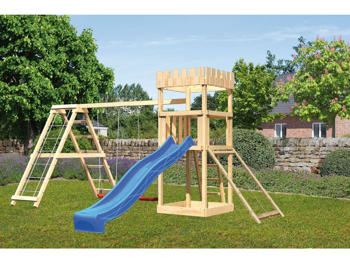 Karibu Ritterburg Löwenherz + Rutsche + Doppelschaukelanbau Klettergerüst + Netzrampe