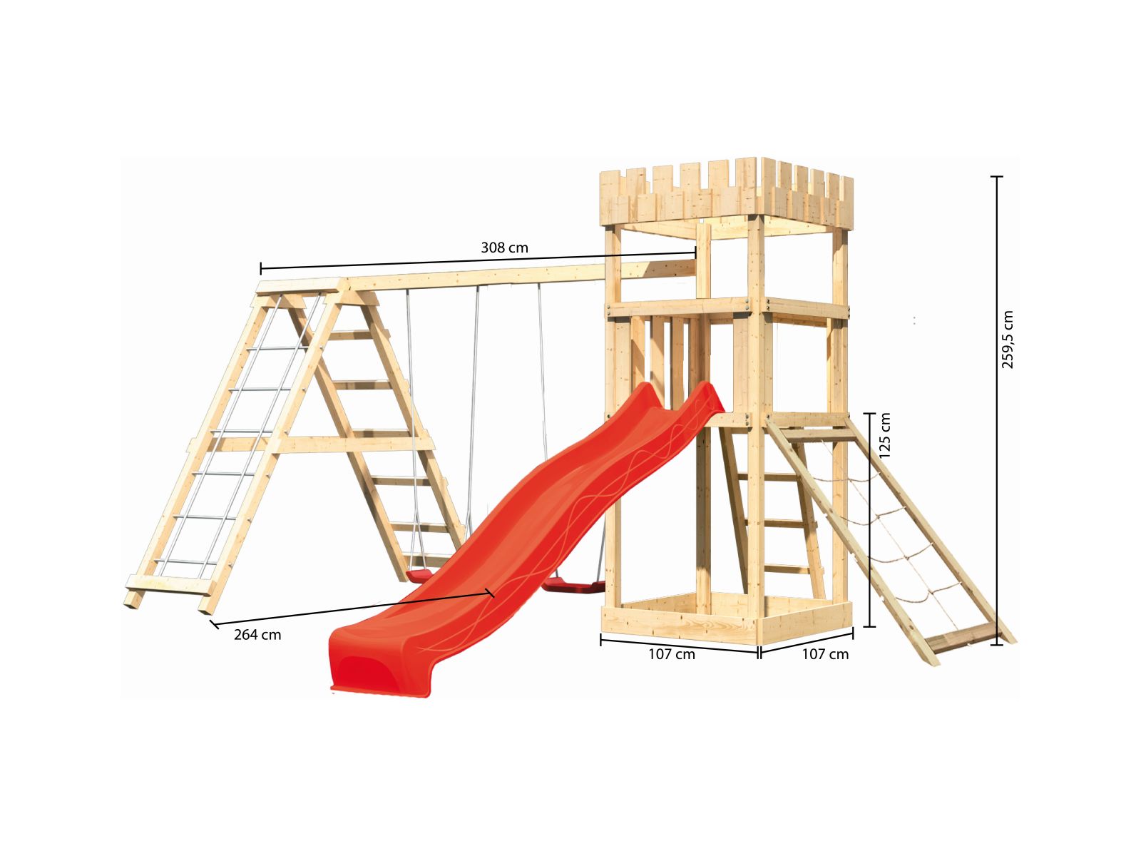 Karibu Ritterburg Löwenherz + Rutsche + Doppelschaukelanbau Klettergerüst + Netzrampe