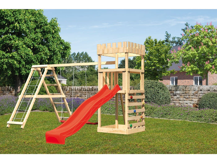 Karibu Ritterburg Löwenherz + Rutsche + Doppelschaukelanbau Klettergerüst + Kletterwand