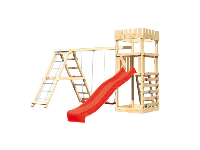 Karibu Ritterburg Löwenherz + Rutsche + Doppelschaukelanbau Klettergerüst + Kletterwand