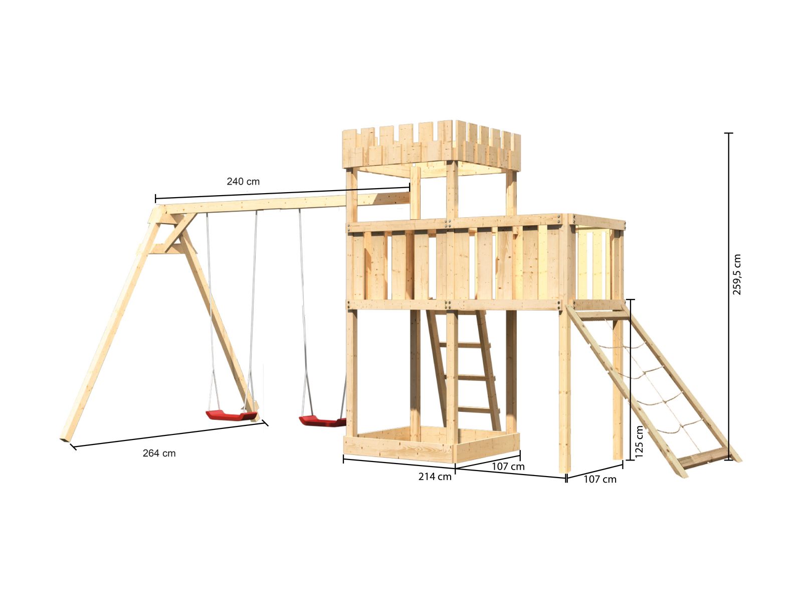 Karibu Ritterburg Löwenherz + Doppelschaukel + Anbauplattform + Netzrampe