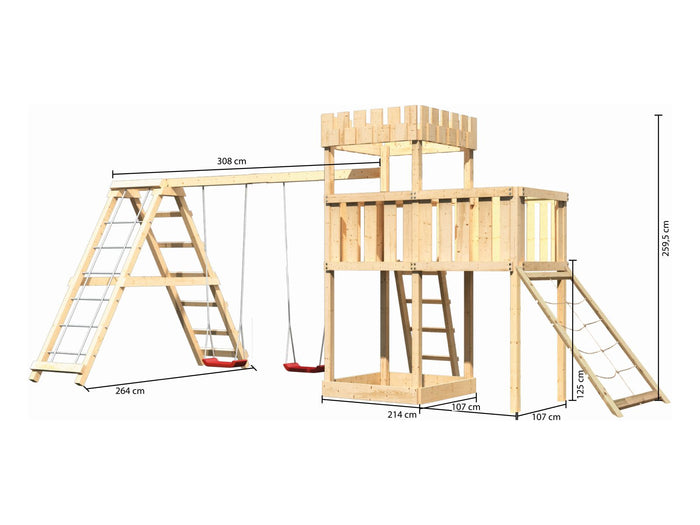 Karibu Ritterburg Löwenherz + Doppelschaukelanbau Klettergerüst + Anbauplattform + Netzrampe