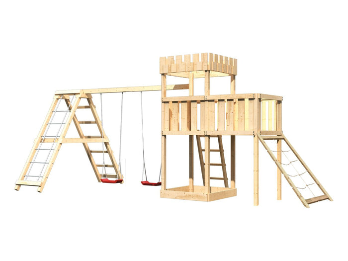 Karibu Ritterburg Löwenherz + Doppelschaukelanbau Klettergerüst + Anbauplattform + Netzrampe
