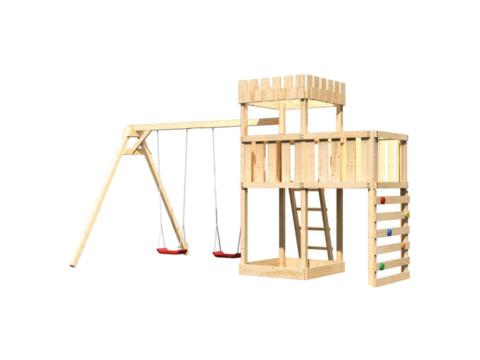 Karibu Ritterburg Löwenherz + Doppelschaukel + Anbauplattform + Kletterwand