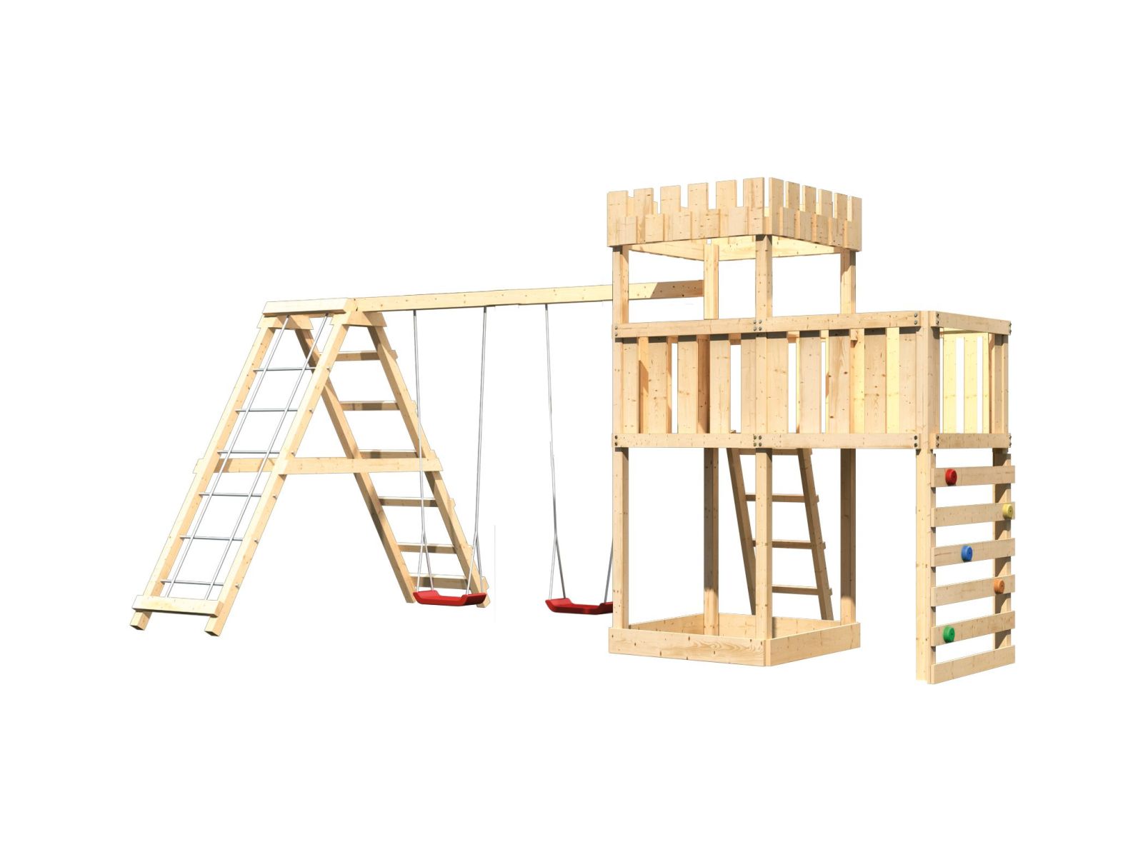 Karibu Ritterburg Löwenherz + Doppelschaukelanbau Klettergerüst + Anbauplattform + Kletterwand