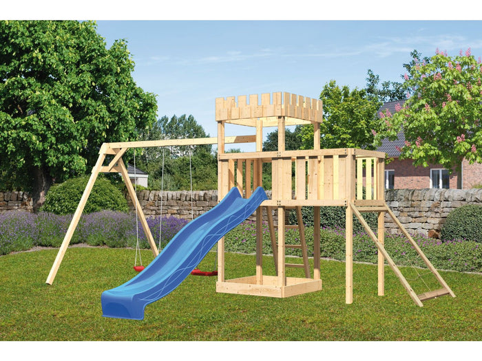 Karibu Ritterburg Löwenherz + Rutsche + Doppelschaukel + Anbauplattform + Netzrampe