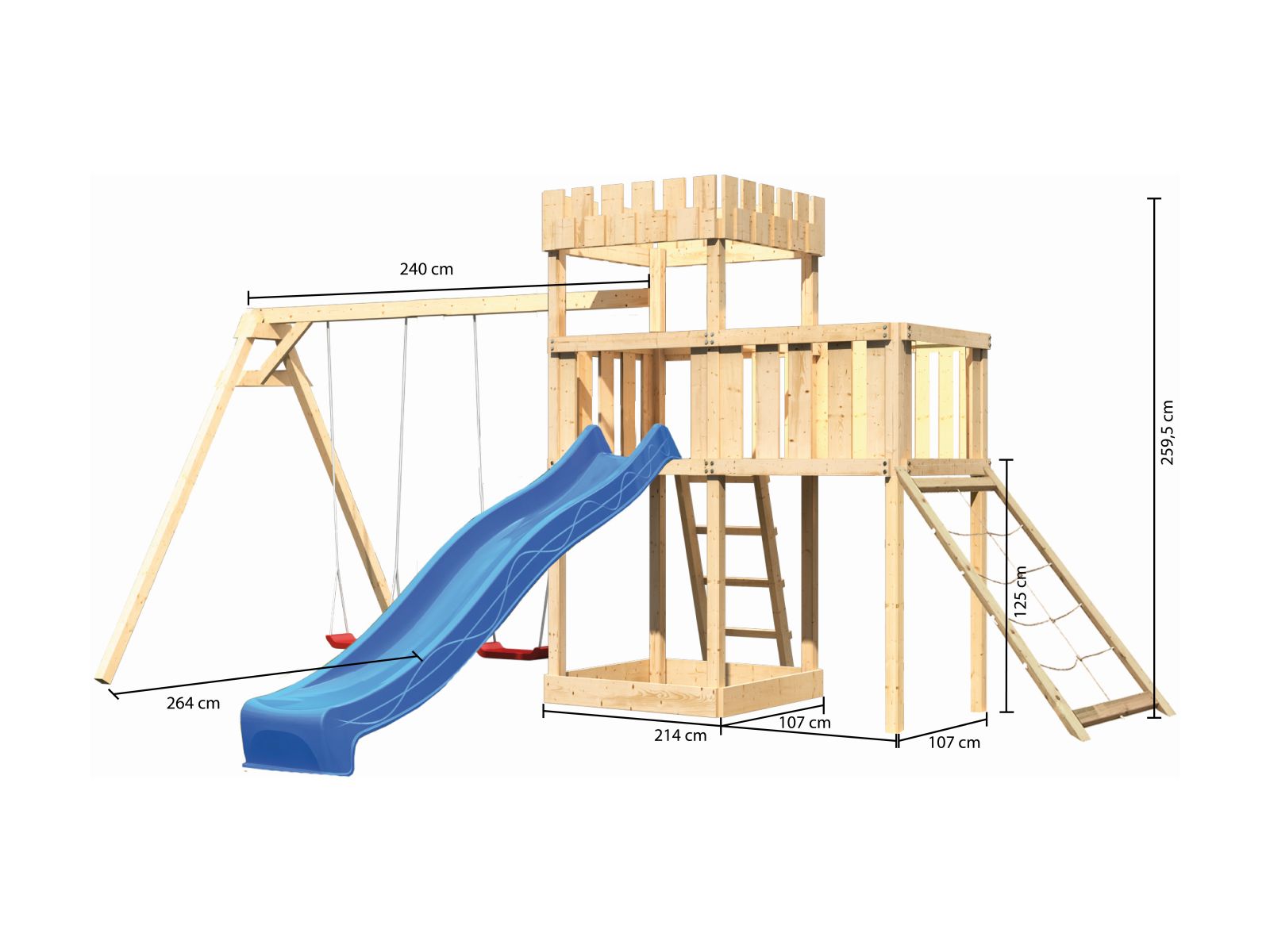 Karibu Ritterburg Löwenherz + Rutsche + Doppelschaukel + Anbauplattform + Netzrampe