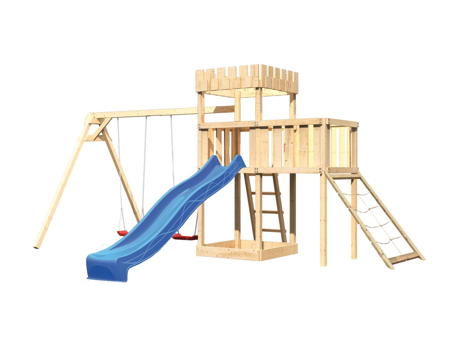 Karibu Ritterburg Löwenherz + Rutsche + Doppelschaukel + Anbauplattform + Netzrampe