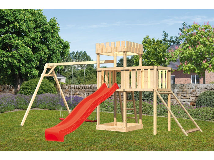 Karibu Ritterburg Löwenherz + Rutsche + Doppelschaukel + Anbauplattform + Netzrampe