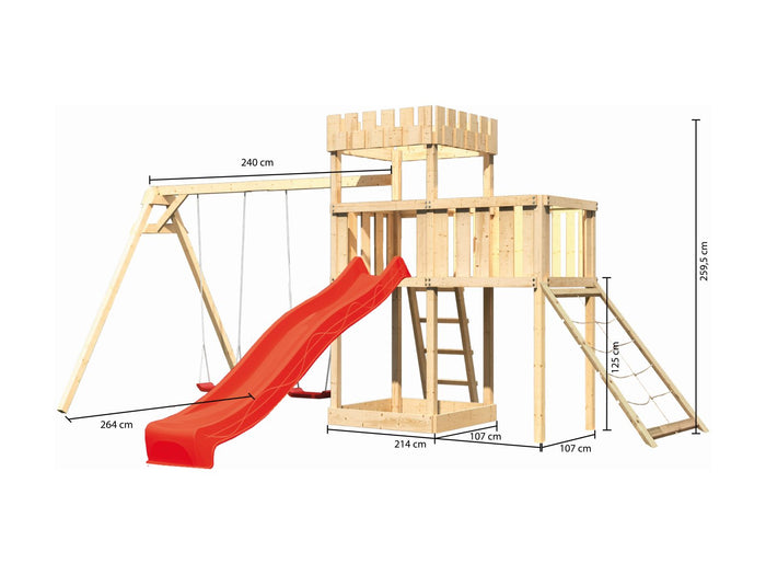 Karibu Ritterburg Löwenherz + Rutsche + Doppelschaukel + Anbauplattform + Netzrampe