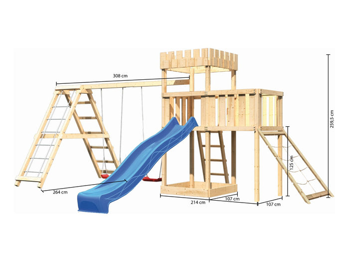 Karibu Ritterburg Löwenherz + Rutsche + Doppelschaukelanbau Klettergerüst + Anbauplattform + Netzram