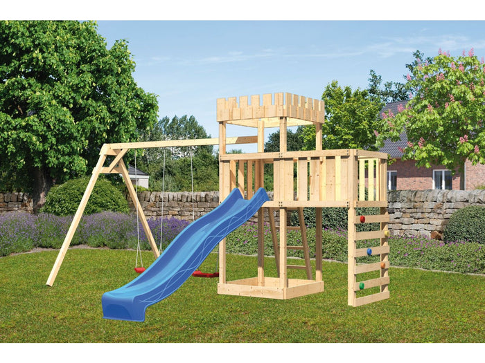 Karibu Ritterburg Löwenherz + Rutsche + Doppelschaukel + Anbauplattform + Kletterwand