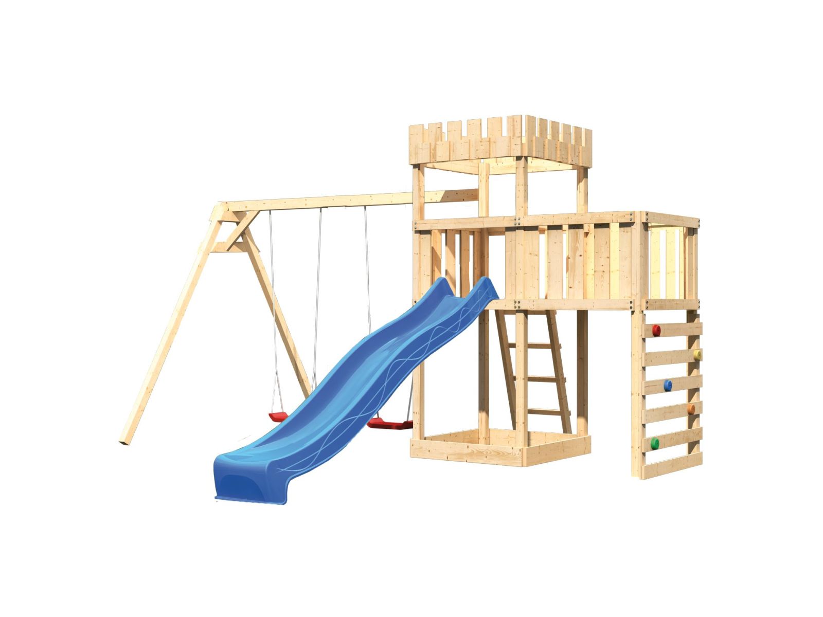 Karibu Ritterburg Löwenherz + Rutsche + Doppelschaukel + Anbauplattform + Kletterwand