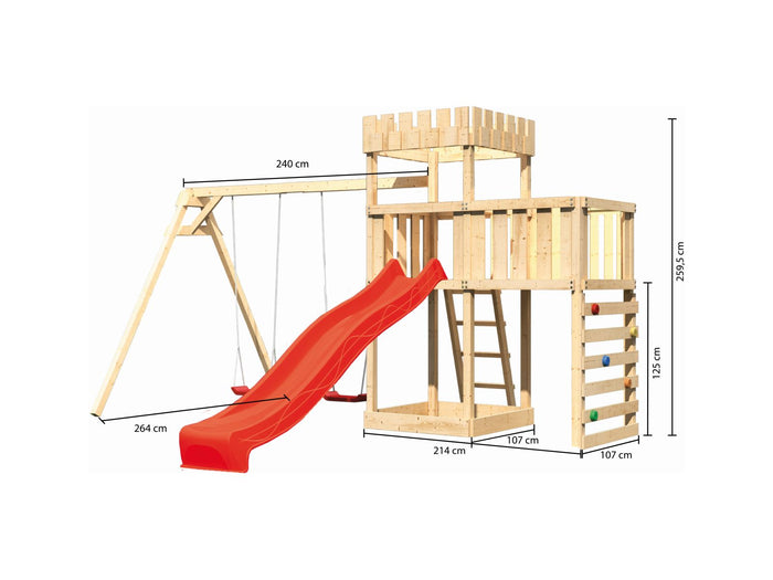 Karibu Ritterburg Löwenherz +Rutsche + Doppelschaukel + Anbauplattform + Kletterwand