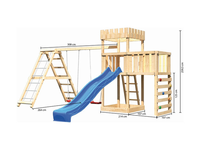 Karibu Ritterburg Löwenherz + Rutsche + Doppelschaukelanbau Klettergerüst + Anbauplattform + Kletter