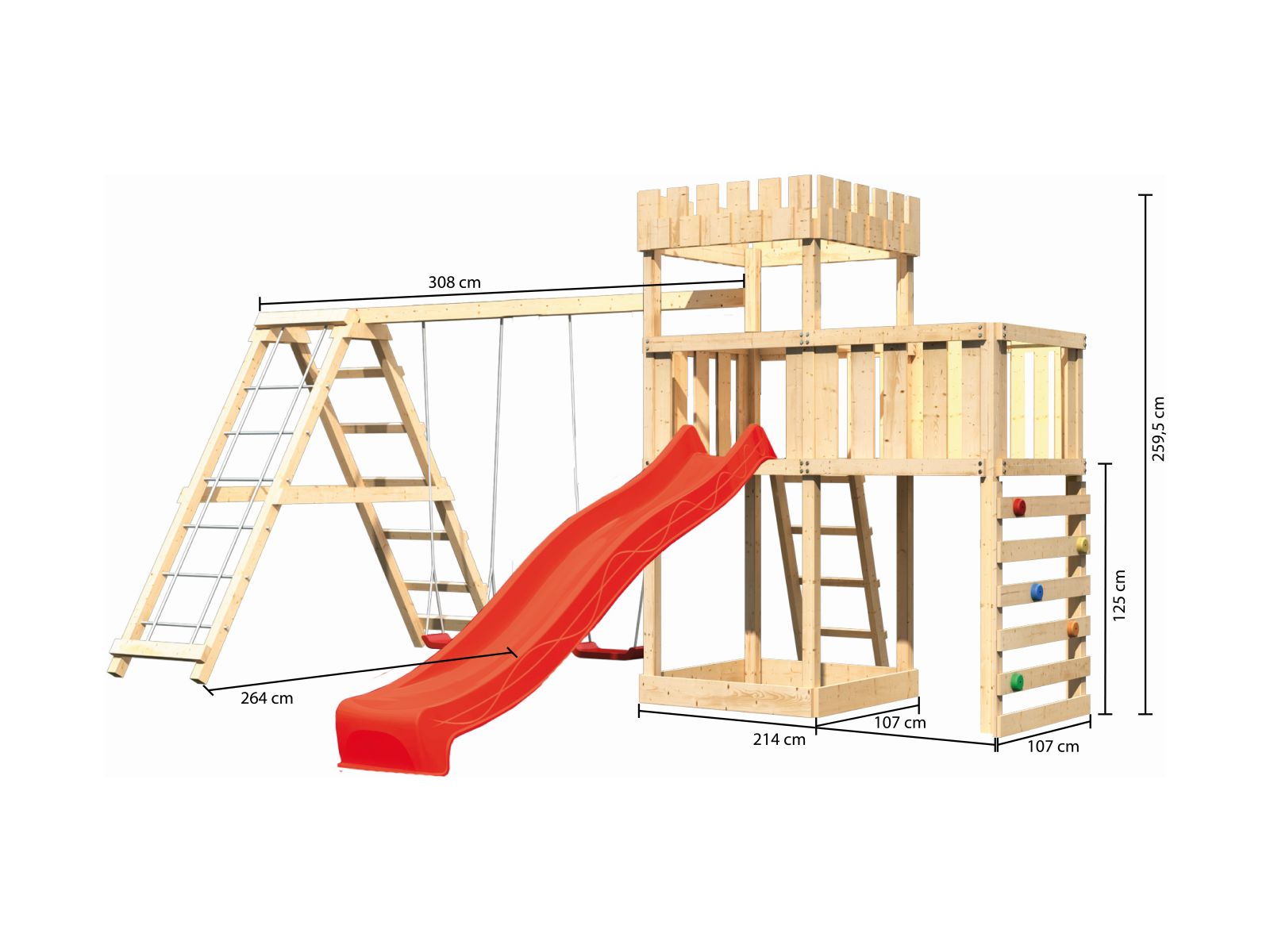 Karibu Ritterburg Löwenherz + Rutsche + Doppelschaukelanbau Klettergerüst + Anbauplattform + Kletter