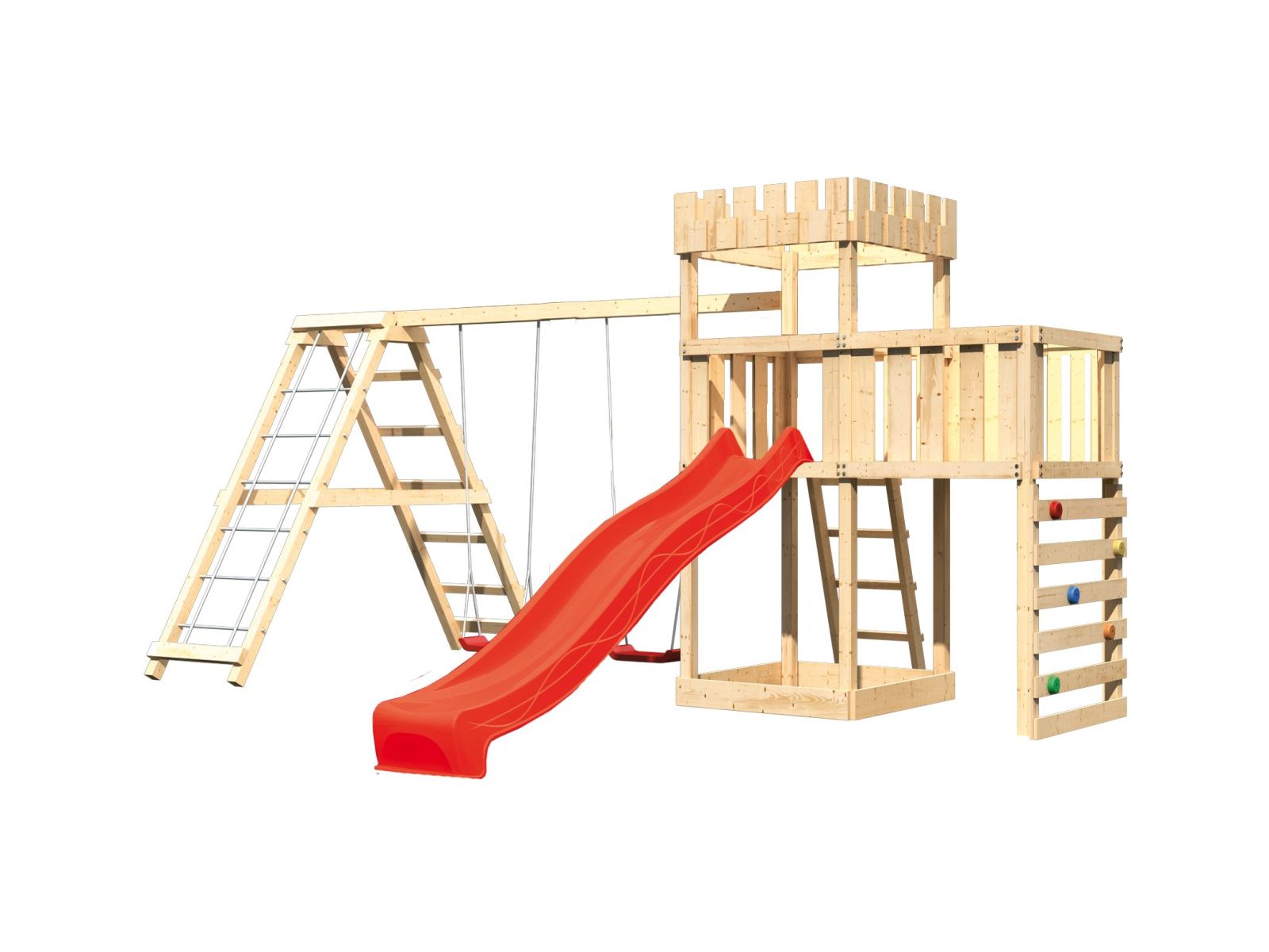 Karibu Ritterburg Löwenherz + Rutsche + Doppelschaukelanbau Klettergerüst + Anbauplattform + Kletter