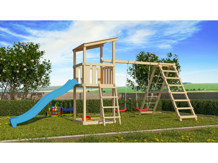 Karibu Spielturm Anna + Rutsche blau + Doppelschaukelanbau Klettergerüst
