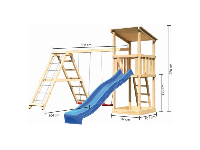 Karibu Spielturm Anna + Rutsche blau + Doppelschaukelanbau Klettergerüst