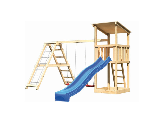Karibu Spielturm Anna + Rutsche blau + Doppelschaukelanbau Klettergerüst