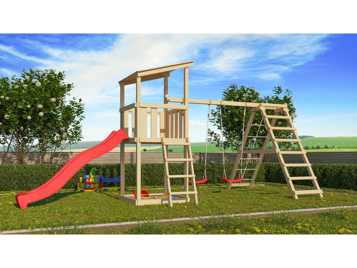 Karibu Spielturm Anna + Rutsche rot + Doppelschaukelanbau Klettergerüst